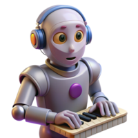 serene contemporary A humanoid robot, with expressive eyes and intricate facial features, plays a melancholic melody on a futuristic instrument. Soft, warm lighting. Anime style genuine png