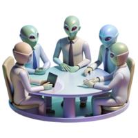 stunning abstract A group of alien diplomats, with diverse and exotic features, engage in a tense negotiation around a holographic table. Neutral, ambient lighting. Sci-fi realism style exclusive png