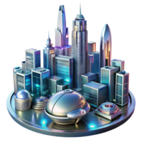 dramatic modern A futuristic cityscape, with towering skyscrapers and flying vehicles, reflected in the polished chrome of a robotic figure. Neon, reflective lighting. Cyberpunk style high quality png