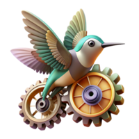 elegant creative A clockwork hummingbird with gears and springs visible, hovering amidst floating cogs and gears, in a dramatic chiaroscuro lighting style premium png