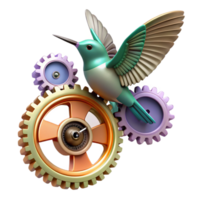 beautiful artistic A clockwork hummingbird with gears and springs visible, hovering amidst floating cogs and gears, in a dramatic chiaroscuro lighting style professional png