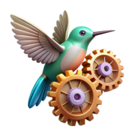 impressive rustic A clockwork hummingbird with gears and springs visible, hovering amidst floating cogs and gears, in a dramatic chiaroscuro lighting style authentic png
