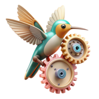 magnificent classic A clockwork hummingbird with gears and springs visible, hovering amidst floating cogs and gears, in a dramatic chiaroscuro lighting style professional png