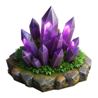 dramatic traditional A cluster of amethyst crystals sprouting from mossy rocks, dark, moody lighting, fantasy art, original png