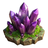 impressive classic A cluster of amethyst crystals sprouting from mossy rocks, dark, moody lighting, fantasy art, high quality png
