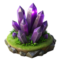 vibrant abstract A cluster of amethyst crystals sprouting from mossy rocks, dark, moody lighting, fantasy art, premium png