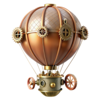 impressive creative A steampunk hot air balloon with intricate brass and copper details, floating against a backdrop of gears and cogs, soft, diffused lighting high quality png