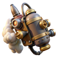 serene rustic A steampunk jetpack with intricate pipes and valves, emitting plumes of smoke, dynamic, action-oriented pose original png