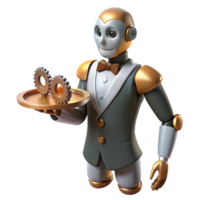 dramatic minimalist A steampunk robot butler holding a tray of gears and cogs, soft, diffused lighting, humorous style authentic png