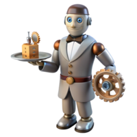 beautiful abstract A steampunk robot butler holding a tray of gears and cogs, soft, diffused lighting, humorous style high resolution png