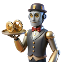 serene modern A steampunk robot butler holding a tray of gears and cogs, soft, diffused lighting, humorous style exclusive png