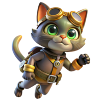 elegant contemporary A steampunk cat wearing goggles and a miniature jetpack, dynamic, playful pose authentic png