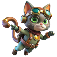 serene artistic A steampunk cat wearing goggles and a miniature jetpack, dynamic, playful pose original png
