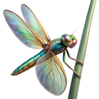 beautiful rustic Close-up of a dragonfly perched on a reed, iridescent wings, macro photography, natural light, detailed png