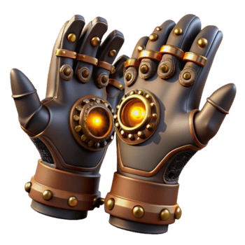 deslumbrante rústico steampunk luvas com intrincado engrenagens e brilhando ponta dos dedos, Sombrio e misterioso iluminação original png