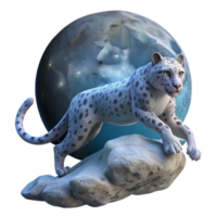 magnificent contemporary A majestic snow leopard leaping across a chasm, illuminated by a full moon, rendered in a hyperrealistic style genuine png