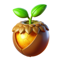 serene traditional A sprouting acorn, with a tiny green shoot emerging, earth clinging to its shell, lit from beneath with warm, golden light. Photorealistic style professional png