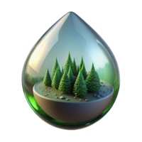 wonderful abstract A dewdrop reflecting a miniature forest scene, macro photography, spherical distortion, cool, muted colors detailed png