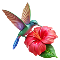 extraordinary artistic A vibrant hummingbird hovering near a bright red hibiscus flower, lit by dappled sunlight, illustrated in a detailed botanical illustration style detailed png