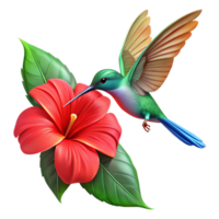 serene modern A vibrant hummingbird hovering near a bright red hibiscus flower, lit by dappled sunlight, illustrated in a detailed botanical illustration style professional png