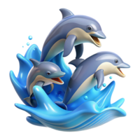 serene rustic A playful group of dolphins leaping through the waves, lit by the bright midday sun, illustrated in a dynamic, action-packed style genuine png
