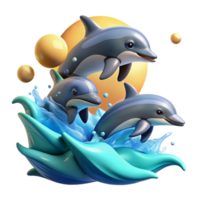 serene modern A playful group of dolphins leaping through the waves, lit by the bright midday sun, illustrated in a dynamic, action-packed style premium png