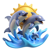 serene creative A playful group of dolphins leaping through the waves, lit by the bright midday sun, illustrated in a dynamic, action-packed style detailed png