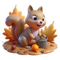 elegant rustic A playful squirrel burying a nut in the ground, surrounded by colorful autumn leaves, lit by warm afternoon sunlight, rendered in a charming, whimsical style premium png