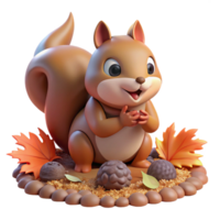 impressive contemporary A playful squirrel burying a nut in the ground, surrounded by colorful autumn leaves, lit by warm afternoon sunlight, rendered in a charming, whimsical style high resolution png