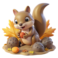 elegant contemporary A playful squirrel burying a nut in the ground, surrounded by colorful autumn leaves, lit by warm afternoon sunlight, rendered in a charming, whimsical style genuine png