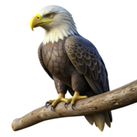 magnificent creative A regal bald eagle perched on a weathered branch, gazing intently at the viewer, dramatic chiaroscuro lighting. Photorealistic style genuine png