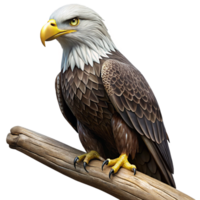 elegant artistic A regal bald eagle perched on a weathered branch, gazing intently at the viewer, dramatic chiaroscuro lighting. Photorealistic style high quality png