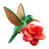 elegant artistic A tiny hummingbird hovering near a vibrant red flower, wings a blur of motion, close-up shot with shallow depth of field. Nature photography style detailed png