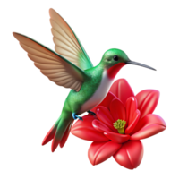 serene vintage A tiny hummingbird hovering near a vibrant red flower, wings a blur of motion, close-up shot with shallow depth of field. Nature photography style authentic png