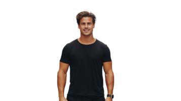 Man Posing in Black Tee Shirt Mockup on Transparent Background. Shirt Mockup Template png