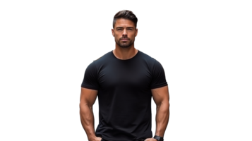 Man Posing and Wearing Black Tee Shirt Mockup Placement on the Transparent. Shirt Mockup Template png