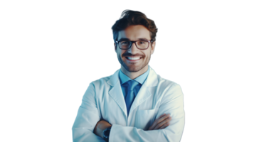 Young Male Scientist in Modern Medical Laboratory with Crowded Setting on Transparent Background png