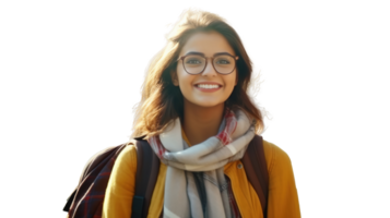 Smart Indian Female Student with Glasses and Backpack Isolated on Transparent Background. Education, Learning png