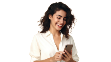 Smiling Lady Using Mobile Phone Isolated at Transparent png