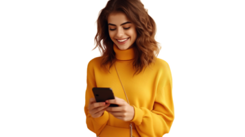 Smiling Lady Using Mobile Phone Isolated on Transparent png
