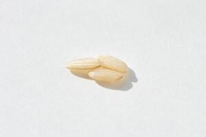 Close up of three fresh white rice grains on a bright background. photo