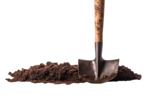 A garden spade is stuck in the ground isolated on transparent background png
