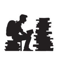A student screams angrily from the stress of studying, and in front of him is a pile of books. png