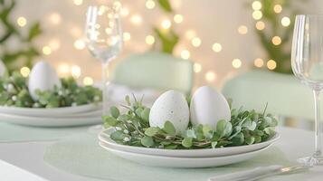 Elegant easter table setting with decorative eggs and greenery. photo