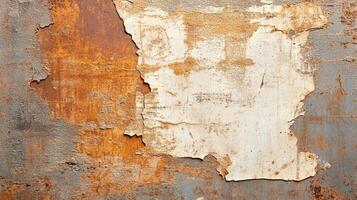 Peeling rusted metal surface with weathered texture and decay patterns. photo