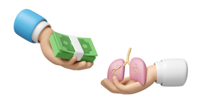 3d hands holding lung with hands holding banknote stack isolated. check lung health, health check cost concept, 3d illustration render, 3d illustration render png