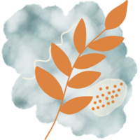 Abstract elements, including orange branch, wavy lines and dotted patterns on watercolor background. png