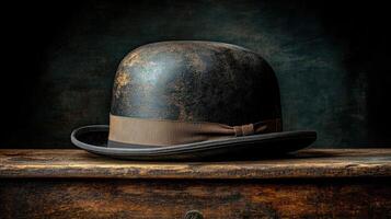 Aged bowler hat on wooden shelf photo
