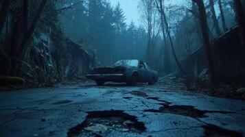 Abandoned truck in a foggy, decaying forest photo