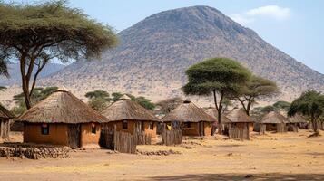 African village huts under a mountain photo